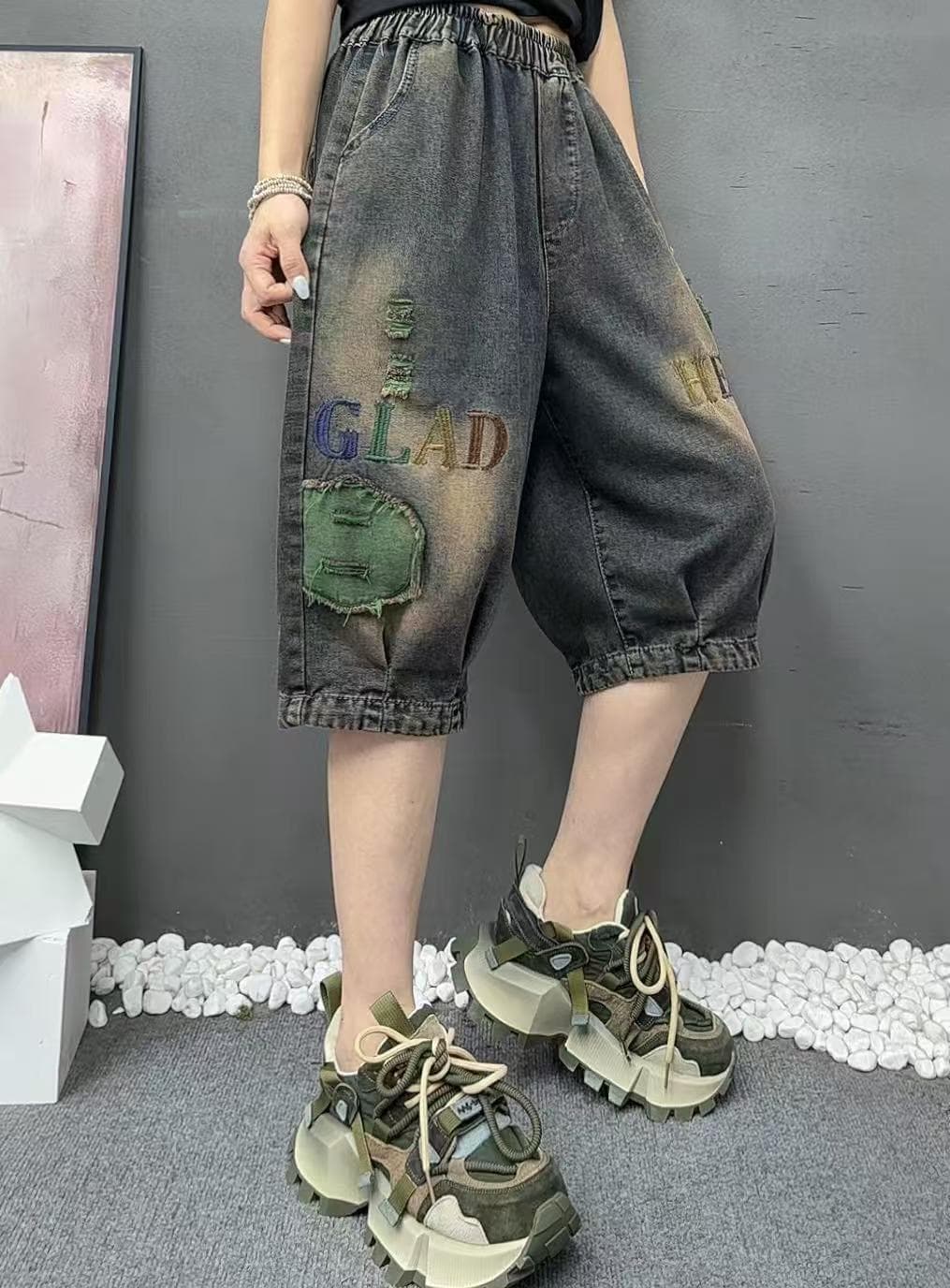 180 근 웨어러블 부드러운 데님 레트로 무거운 작업 알파벳 자수 허리밴드 다용도 캐주얼 5 점 축소 바지 아빠 바지 상세 이미지 3
