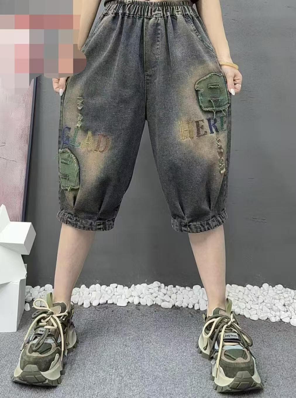 180 근 웨어러블 부드러운 데님 레트로 무거운 작업 알파벳 자수 허리밴드 다용도 캐주얼 5 점 축소 바지 아빠 바지 상세 이미지 5