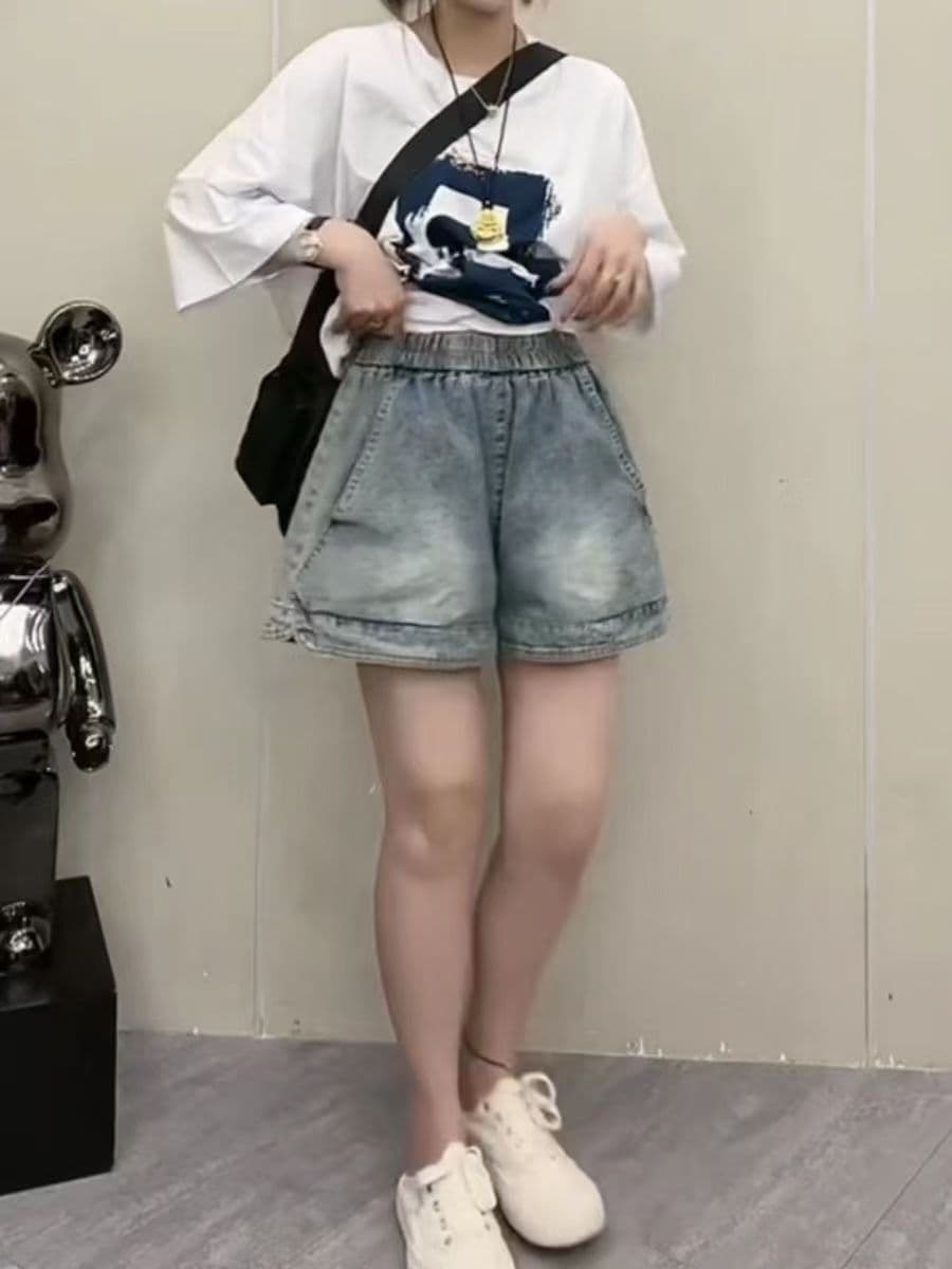 180 근 빅 사이즈 데님 반바지 여성 여름 폭발 루즈핏 여성 넓은 다리 바지 얇은 스타일 오부 바지 여성 상세 이미지 1