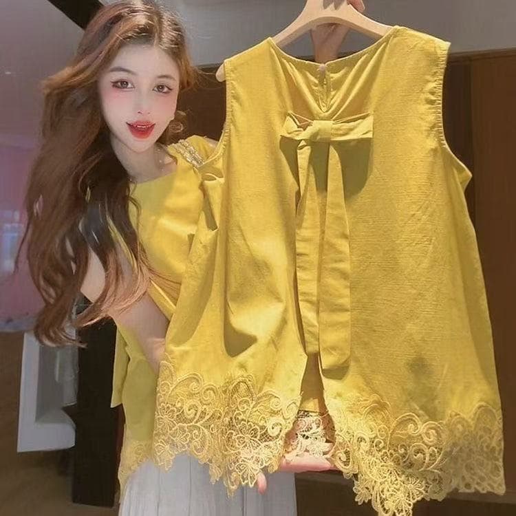 여름 새로운 연령 감소 나비 매듭 레이스 조각 민소매 조끼 여성 출퇴근 슬림해 보이는 다용도 어깨 상세 이미지 3