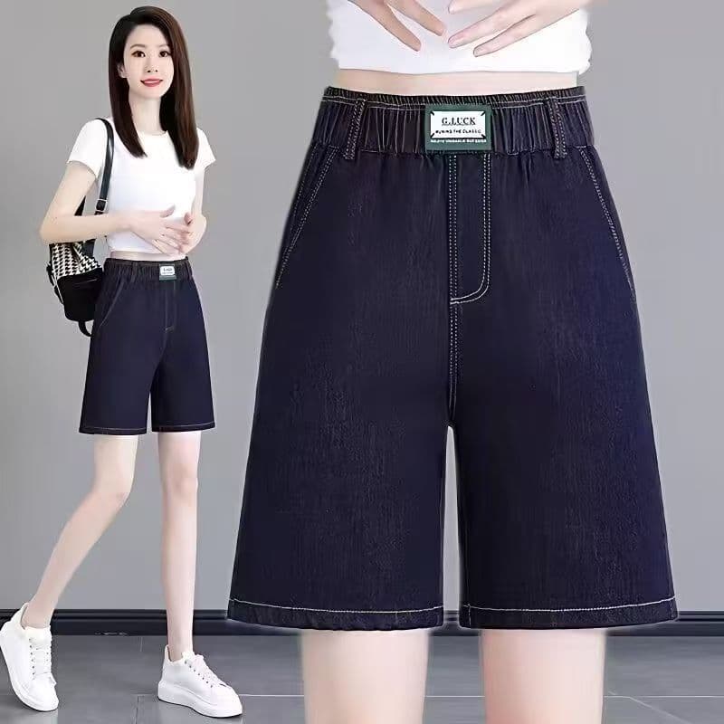 데님 반바지 여성 여름 얇은 스타일 2025 새로운 허리밴드 빅 사이즈 지방 mm 루즈핏 스트레이트 오부 바지