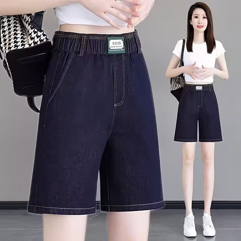 데님 반바지 여성 여름 얇은 스타일 2025 새로운 허리밴드 빅 사이즈 지방 mm 루즈핏 스트레이트 오부 바지 이미지 5