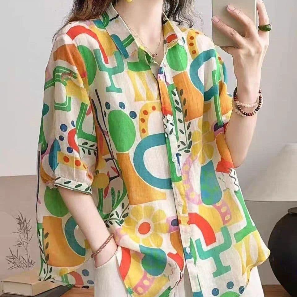 휴가 바람 도파민 프린트 반팔 여성 셔츠 여름 작은 대중 디자인 센스 다용도 폴로 칼라 작은 셔츠 맨위 얇은