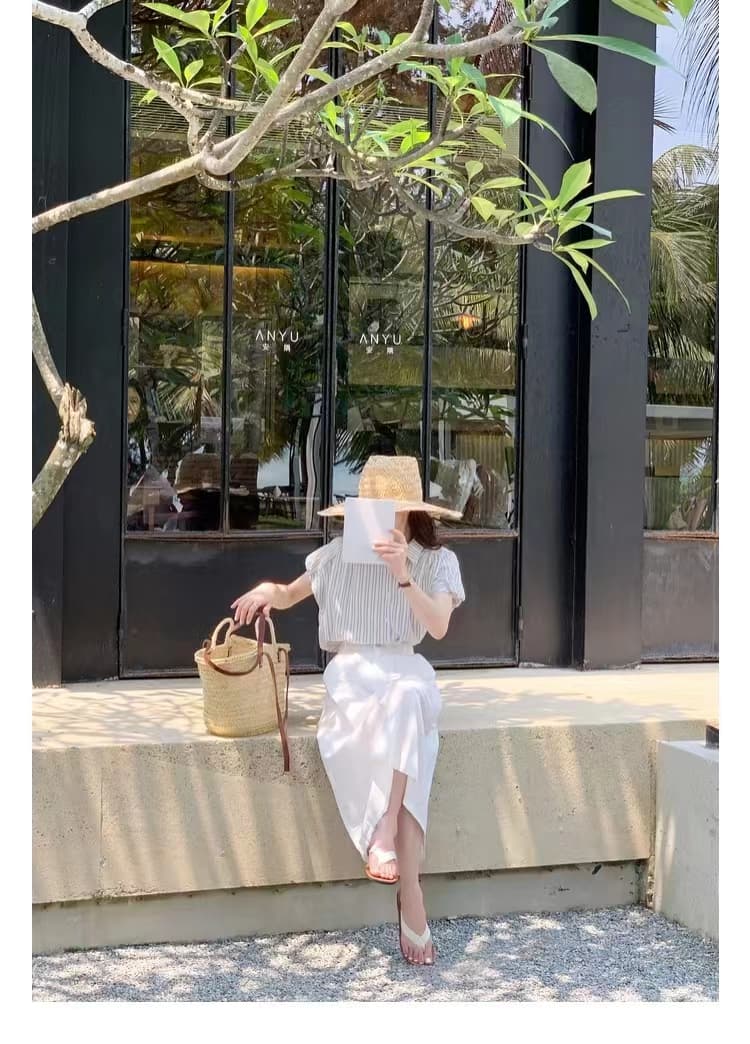 섬 버블 푸 소매 스트라이프 여성 셔츠 프랑스식 반팔 부드러운 셔츠 미니멀리즘 출퇴근 작은 대중 맨위 여성 상세 이미지 10