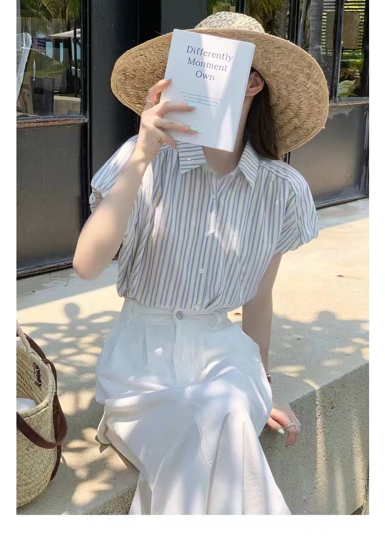 섬 버블 푸 소매 스트라이프 여성 셔츠 프랑스식 반팔 부드러운 셔츠 미니멀리즘 출퇴근 작은 대중 맨위 여성 상세 이미지 12