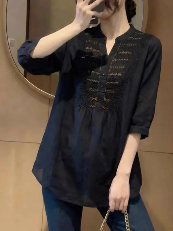200 kg 자카드 자수 루즈핏 맨위 여성 여름 빅 사이즈 통통한 여동생 우아함 품격 슬림해 보이는 다용도 셔츠 이미지 3