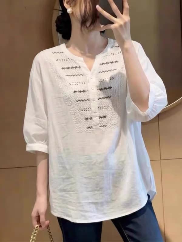 200 kg 자카드 자수 루즈핏 맨위 여성 여름 빅 사이즈 통통한 여동생 우아함 품격 슬림해 보이는 다용도 셔츠 이미지 4