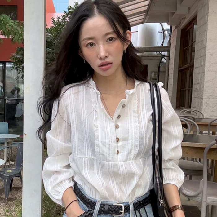 한 부서 프랑스식 부드러운 바람 자카드 단색 레이스 셔츠 상세 이미지 1