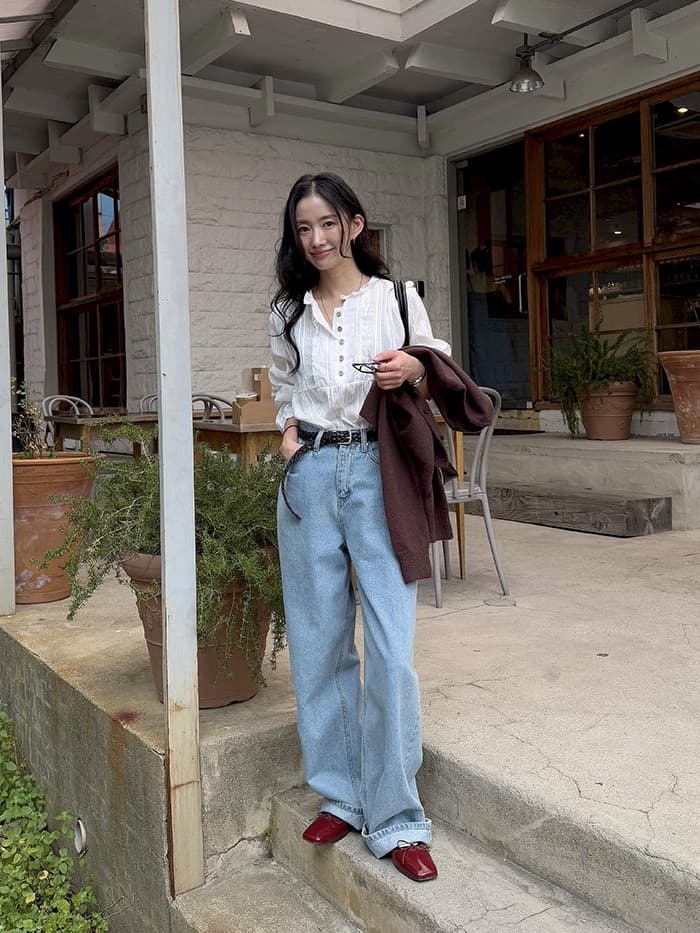 한 부서 프랑스식 부드러운 바람 자카드 단색 레이스 셔츠 상세 이미지 13