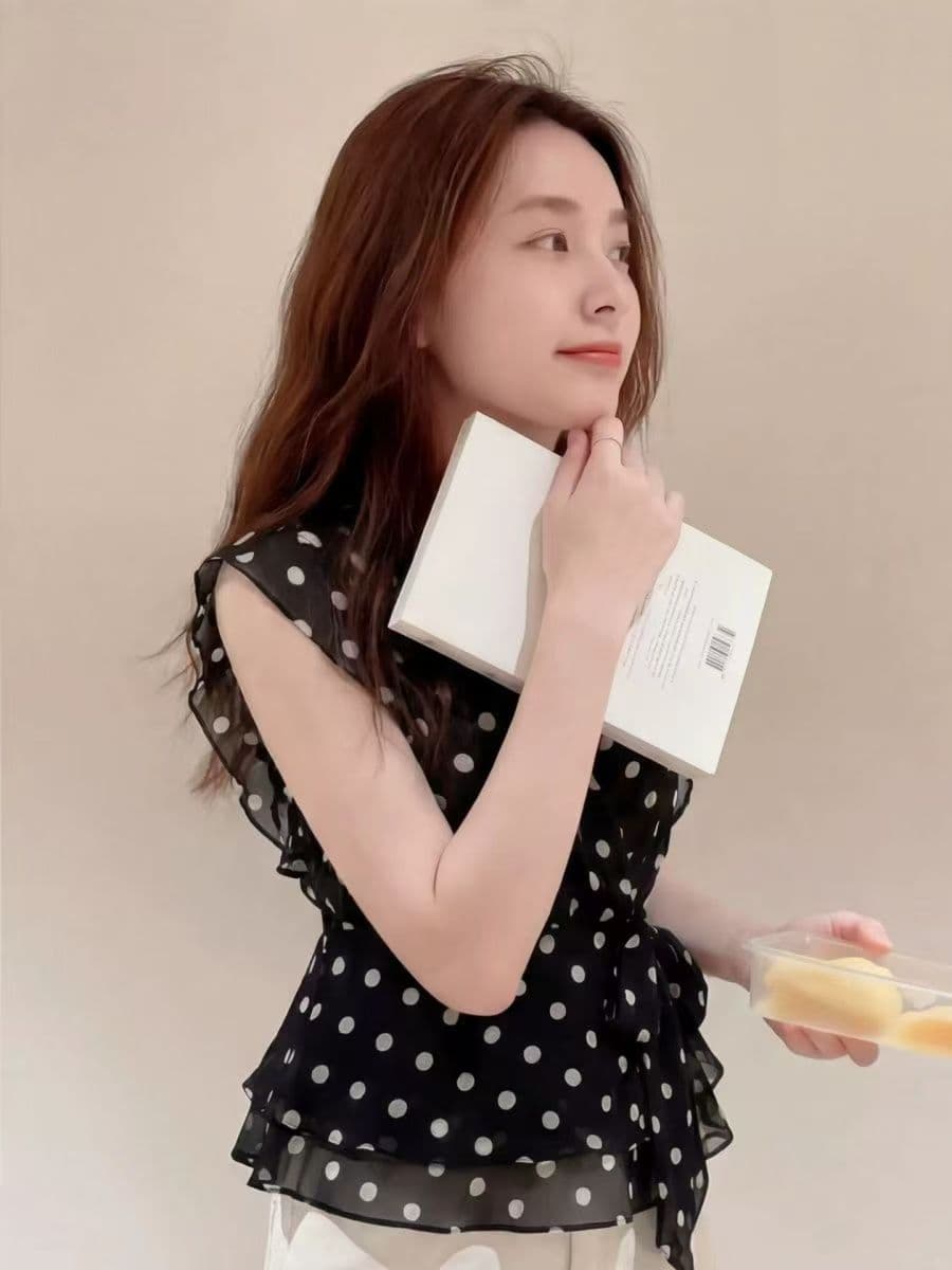 홍콩 느낌 레트로 디자인 센스 도트 무늬 패치워크 V넥 품격 리본 조끼 패션 불규칙 Chic 다용도 맨위 상세 이미지 2