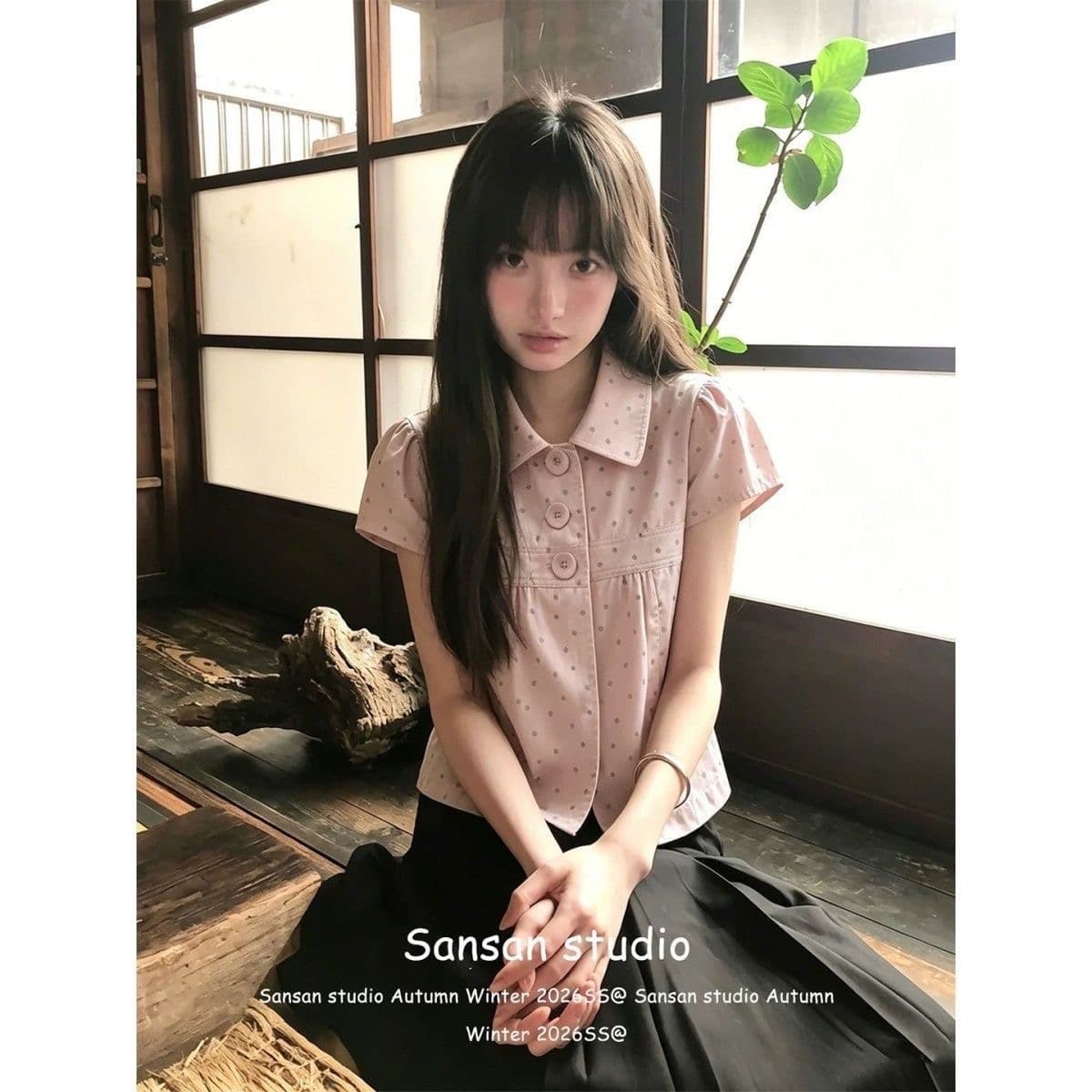 학원 스타일 핑크색 도트 무늬 반팔 여성 셔츠 여름 착용 가져 가라. 한 부서 셔츠 몸매 가꾸기 슬림해 보이는 달콤함 폴로 칼라 맨위 이미지 3