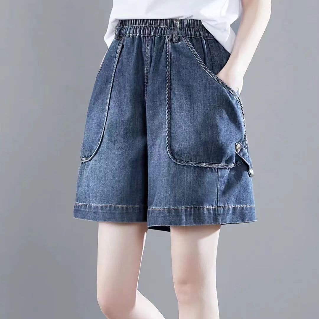 200 kg 빅 사이즈 허리밴드 캐주얼 데님 반바지 여성 여름 얇은 스타일 루즈핏 하이웨이스트 한 마디 와이드 레그 팬츠 핫 바지 트렌디 이미지 4