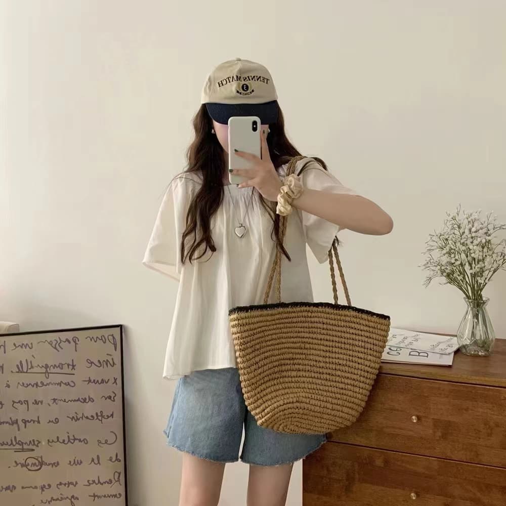 한국 chic 품격 작은 대중 밴딩 주름 광장 칼라 쇼트 스타일 루즈핏 대 나팔 소매 반팔 셔츠 맨위 상세 이미지 4