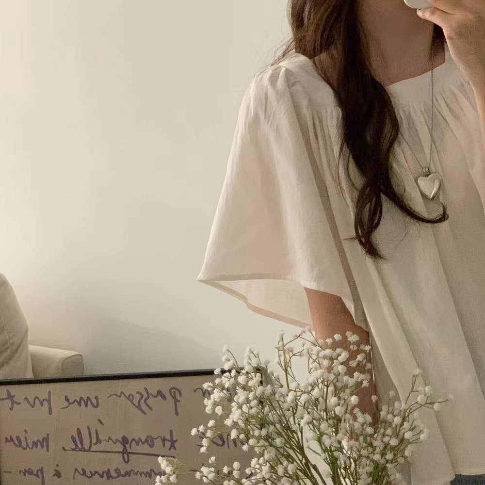 한국 chic 품격 작은 대중 밴딩 주름 광장 칼라 쇼트 스타일 루즈핏 대 나팔 소매 반팔 셔츠 맨위 상세 이미지 5