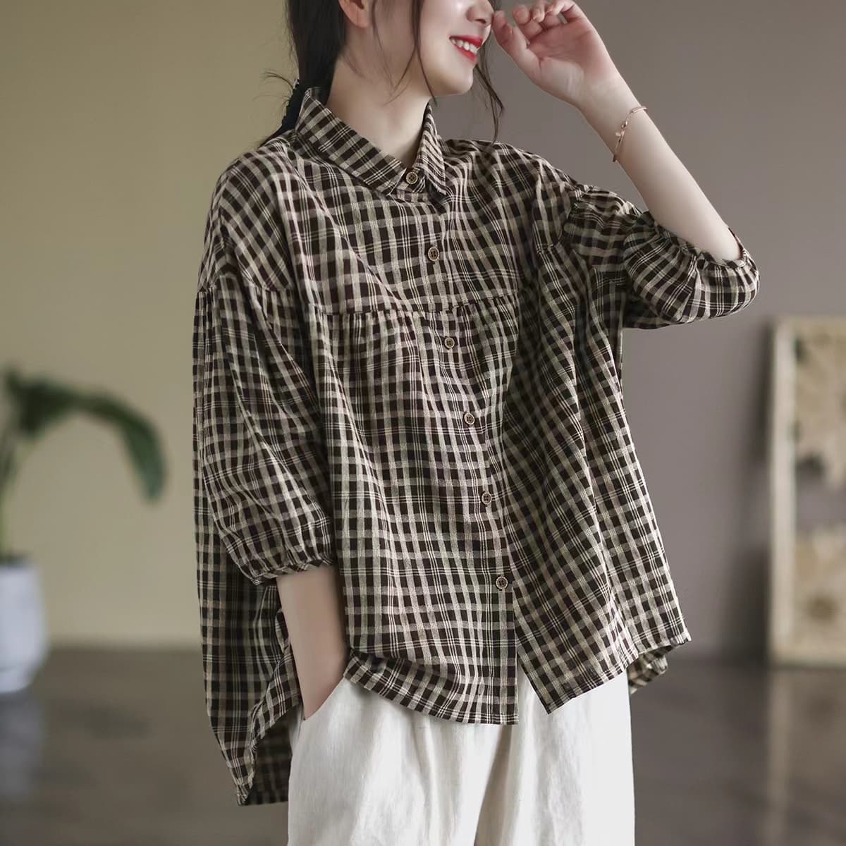 문예 레트로 면 린넨 여름 새로운 빅 사이즈 캐주얼 체크무늬 셔츠 5 점 소매