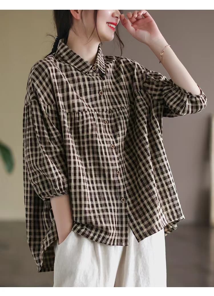 문예 레트로 면 린넨 여름 새로운 빅 사이즈 캐주얼 체크무늬 셔츠 5 점 소매 상세 이미지 6