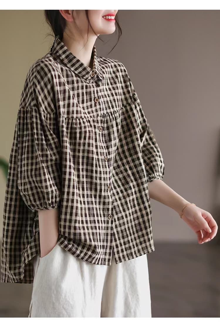 문예 레트로 면 린넨 여름 새로운 빅 사이즈 캐주얼 체크무늬 셔츠 5 점 소매 상세 이미지 7