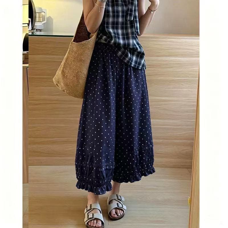 한 부서 도트 무늬 프릴 와이드 레깅스 바지 여름 얇은 스타일 허리밴드 도트 루즈핏 다용도 9 포인트 캐주얼 배기 바지 이미지 3