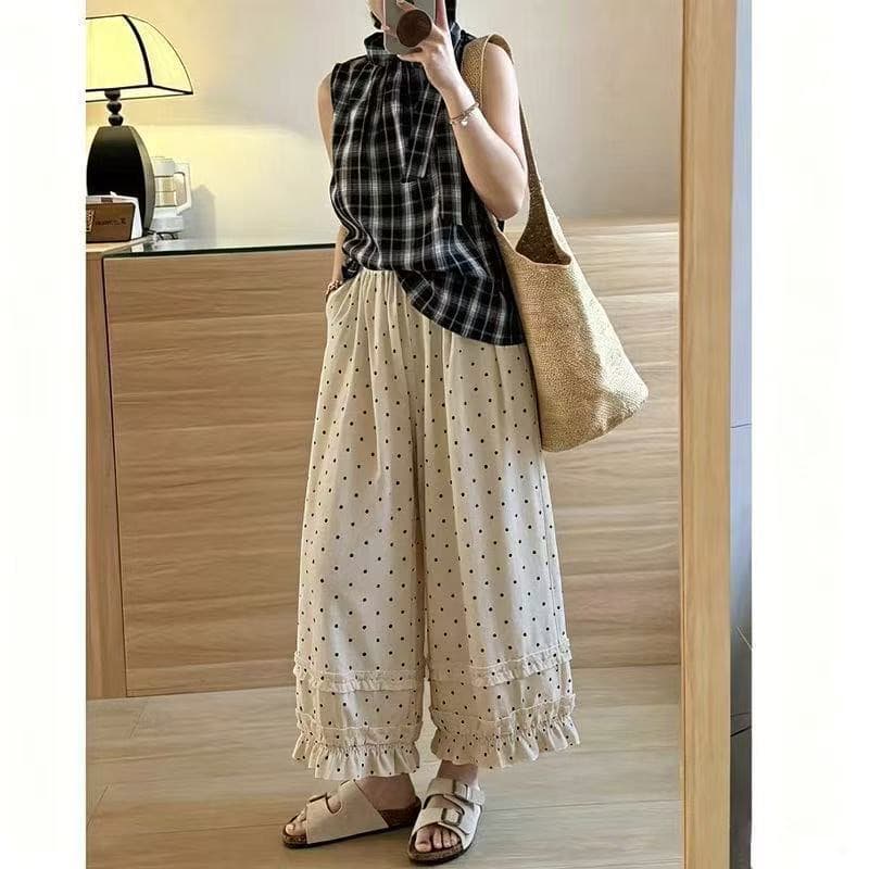 한 부서 도트 무늬 프릴 와이드 레깅스 바지 여름 얇은 스타일 허리밴드 도트 루즈핏 다용도 9 포인트 캐주얼 배기 바지 상세 이미지 2