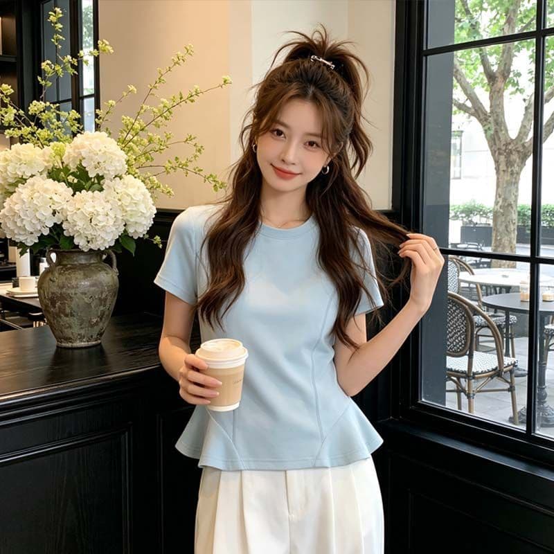 순면 긍정적 인 어깨 반팔 티셔츠 여성 2026 새로운 폭발 연령 감소 여름 루즈핏 디자인 센스 프릴 맨위 상세 이미지 7