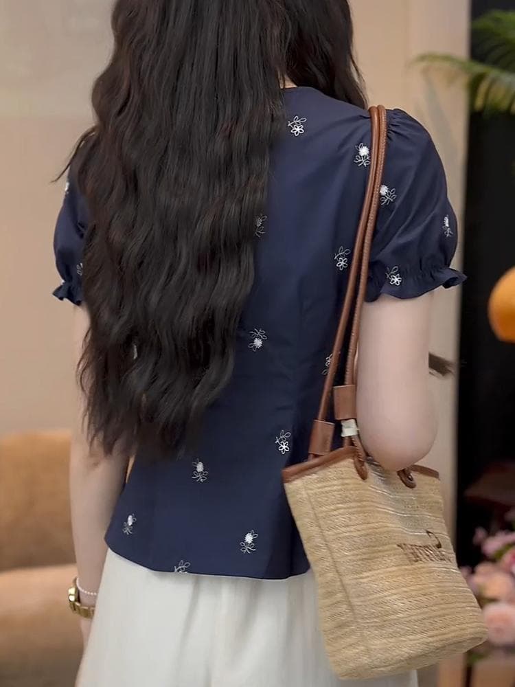 프랑스식 레트로 레이스업 나비 매듭 반팔 여성 셔츠 2026 여름 새로운 Chic 패치워크 프릴 쇼트 스타일 맨위 이미지 4