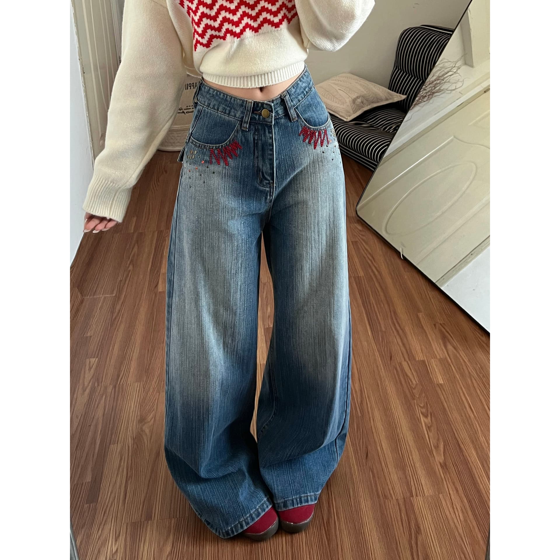 레트로 블루 로우 웨이스트 스트레이트 청바지 여성 2025 새로운 대나무 마디 곡물 아메리칸 자수 디자인 센스 루즈핏 와이드 레그 팬츠 상세 이미지 2