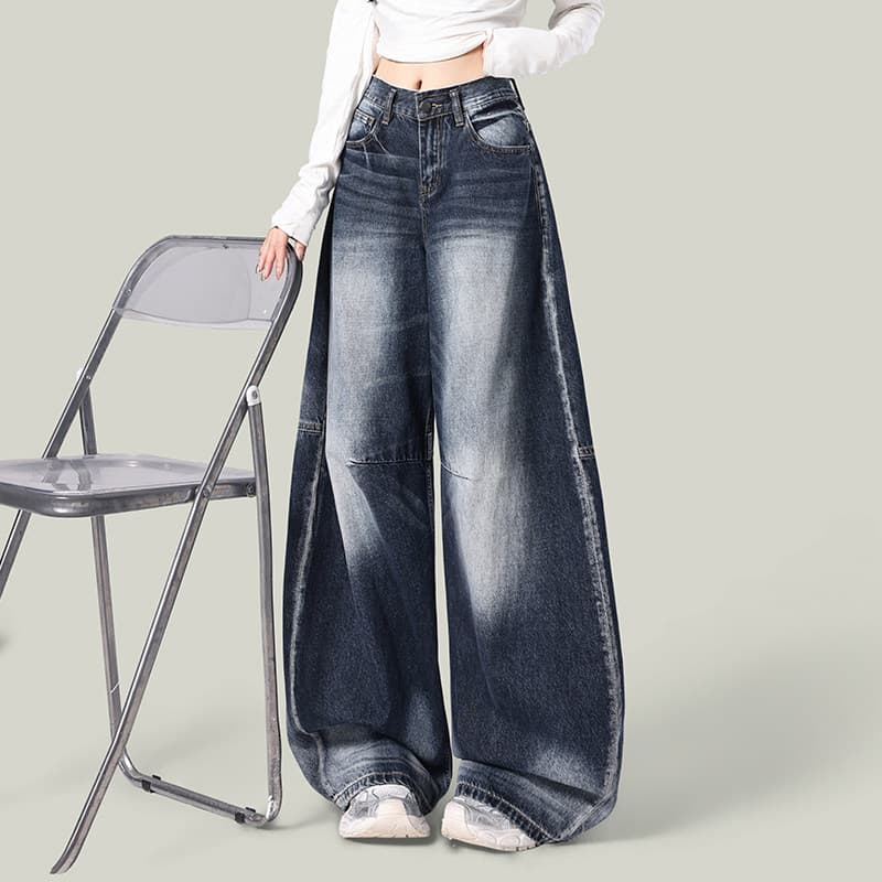 올해 인기 레트로 아메리칸 블루 회색 데님 와이드 레깅스 바지 가을 핫걸 슬림해 보이는 도루 센스 모통이 칼 바닥 청소 바지 이미지 4