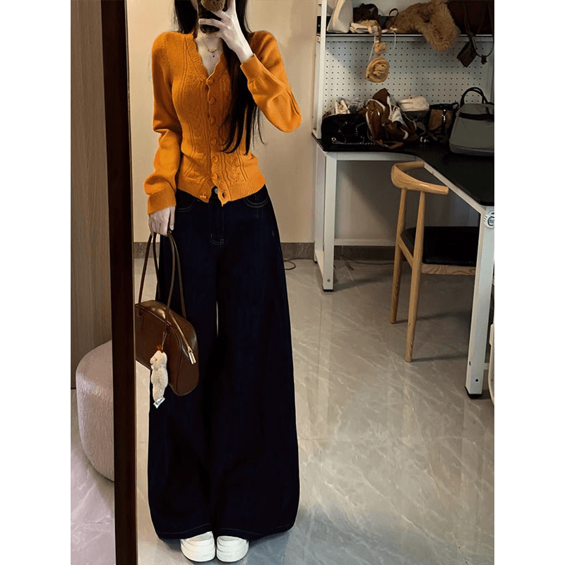 봄 가을 품격 전체 집합 ootd 순수한 욕망 착용 가져 가라. 스웨터 니트 오픈 가디건 청바지 자이언트 잘 생긴 ~ 중 투피스 슈트 이미지 3