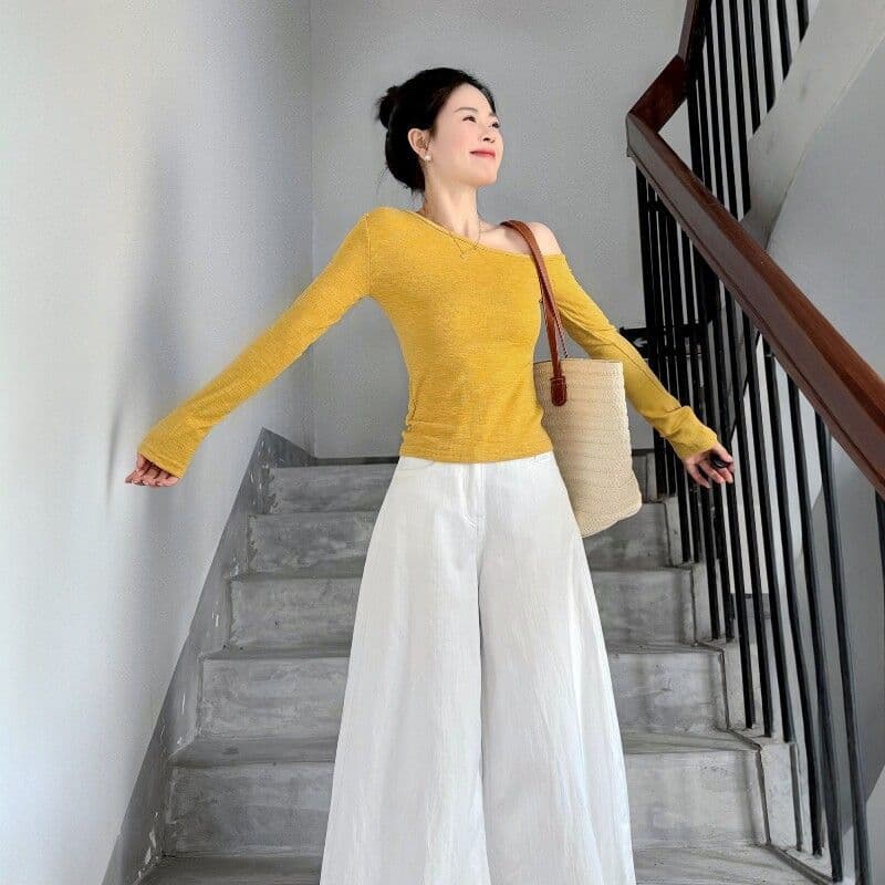 전체 집합 ootd 착용 가져 가라. 세트 비스듬한 칼라 오프숄더 황색 맨위 캐주얼 와이드 레그 팬츠 투피스 세트 2026 봄 여성 이미지 6