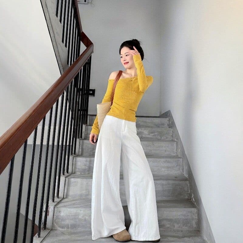 전체 집합 ootd 착용 가져 가라. 세트 비스듬한 칼라 오프숄더 황색 맨위 캐주얼 와이드 레그 팬츠 투피스 세트 2026 봄 여성 상세 이미지 3