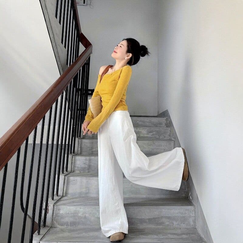 전체 집합 ootd 착용 가져 가라. 세트 비스듬한 칼라 오프숄더 황색 맨위 캐주얼 와이드 레그 팬츠 투피스 세트 2026 봄 여성 상세 이미지 4