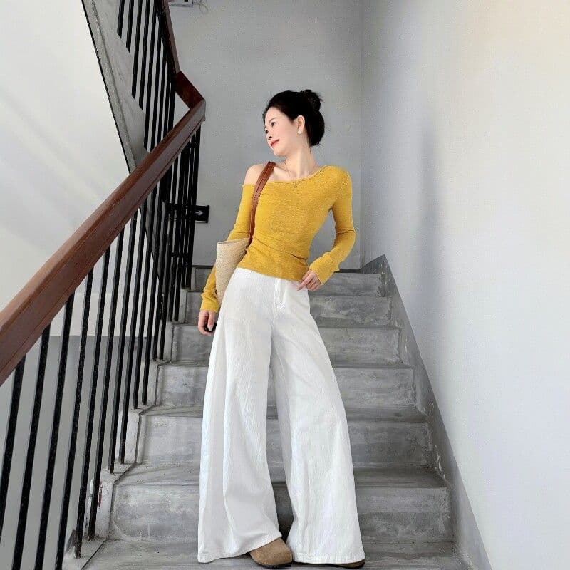 전체 집합 ootd 착용 가져 가라. 세트 비스듬한 칼라 오프숄더 황색 맨위 캐주얼 와이드 레그 팬츠 투피스 세트 2026 봄 여성 상세 이미지 5
