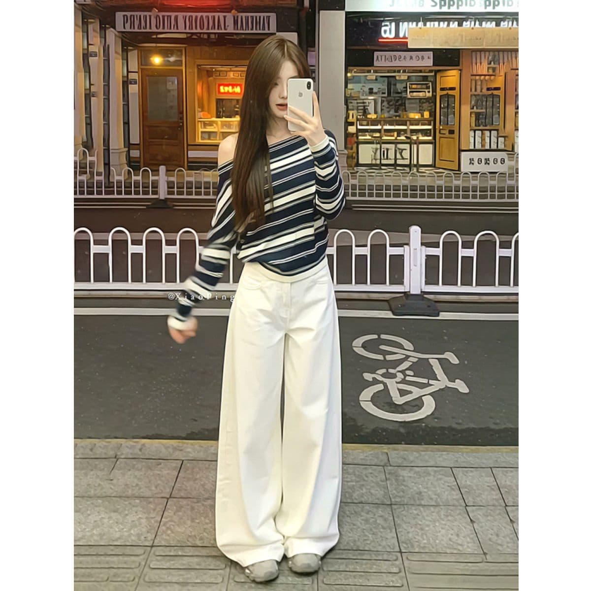 한 chic 전체 집합 품격 슈퍼 잘 생긴 부드러운 바람 스트라이프 비스듬한 어깨 니트 스웨터 맨위 캐주얼 바지 투피스 슈트 이미지 3