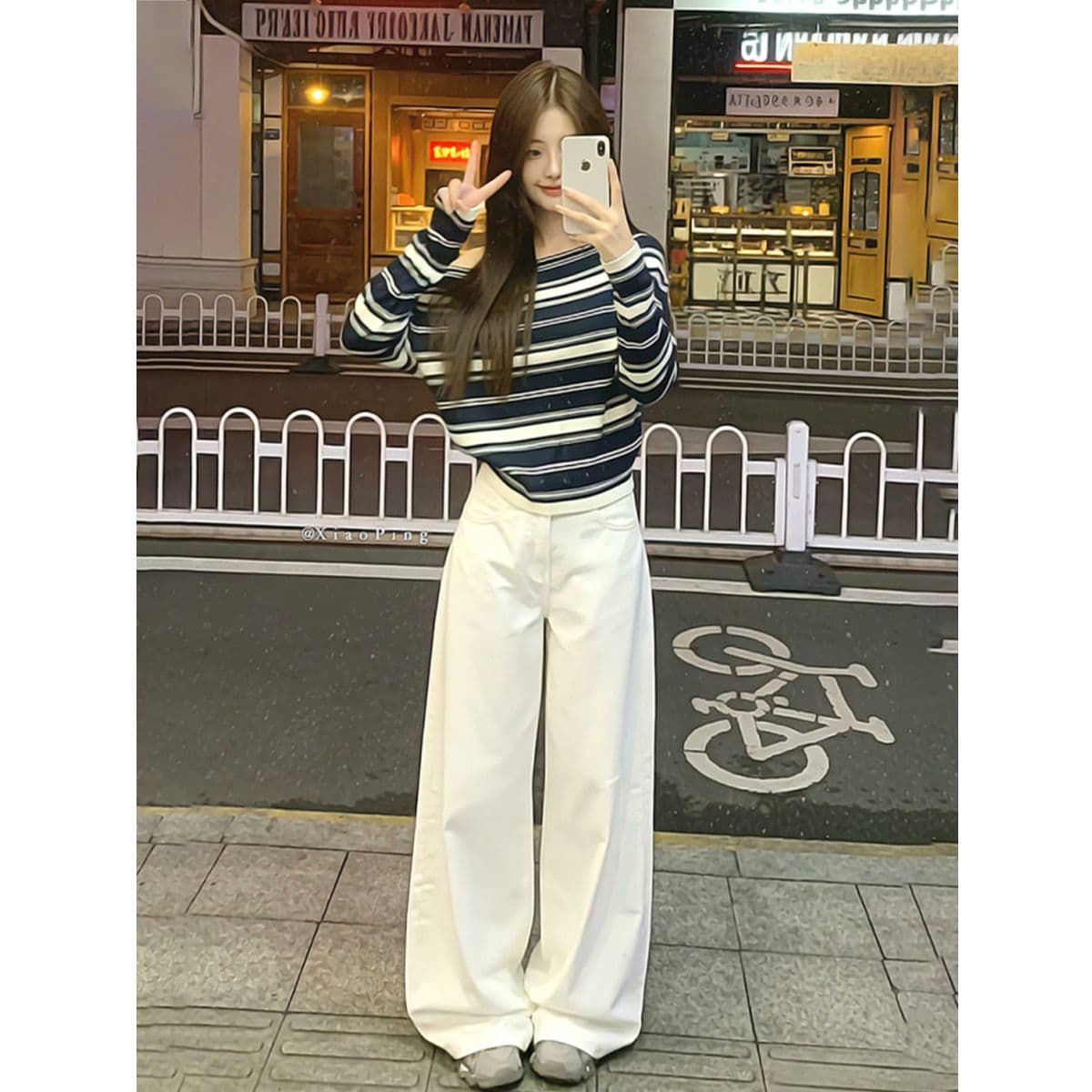 한 chic 전체 집합 품격 슈퍼 잘 생긴 부드러운 바람 스트라이프 비스듬한 어깨 니트 스웨터 맨위 캐주얼 바지 투피스 슈트 상세 이미지 6