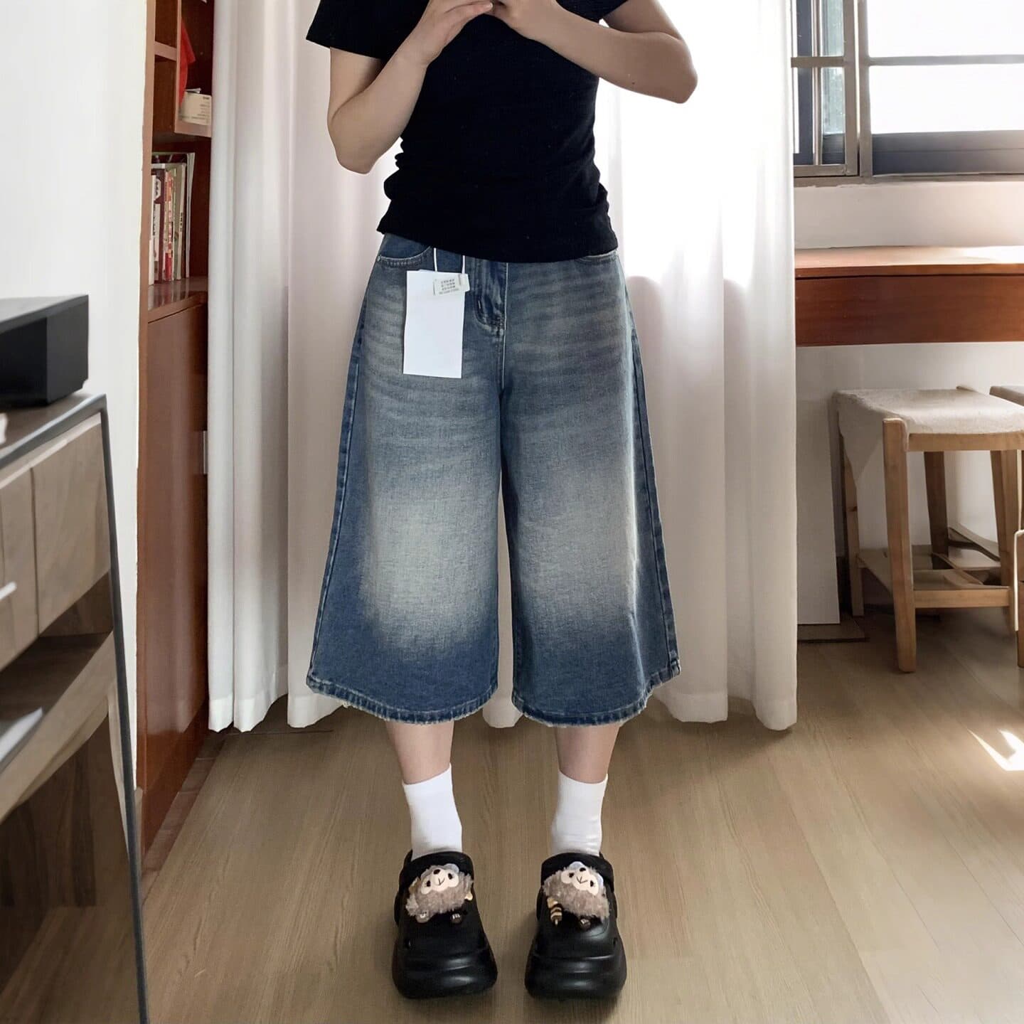 아메리칸 레트로 넓은 다리 데님 7부 바지 여성 여름 2026 새로운 루즈핏 슬림해 보이는 배 모양 몸 스트레이트 반바지 이미지 5