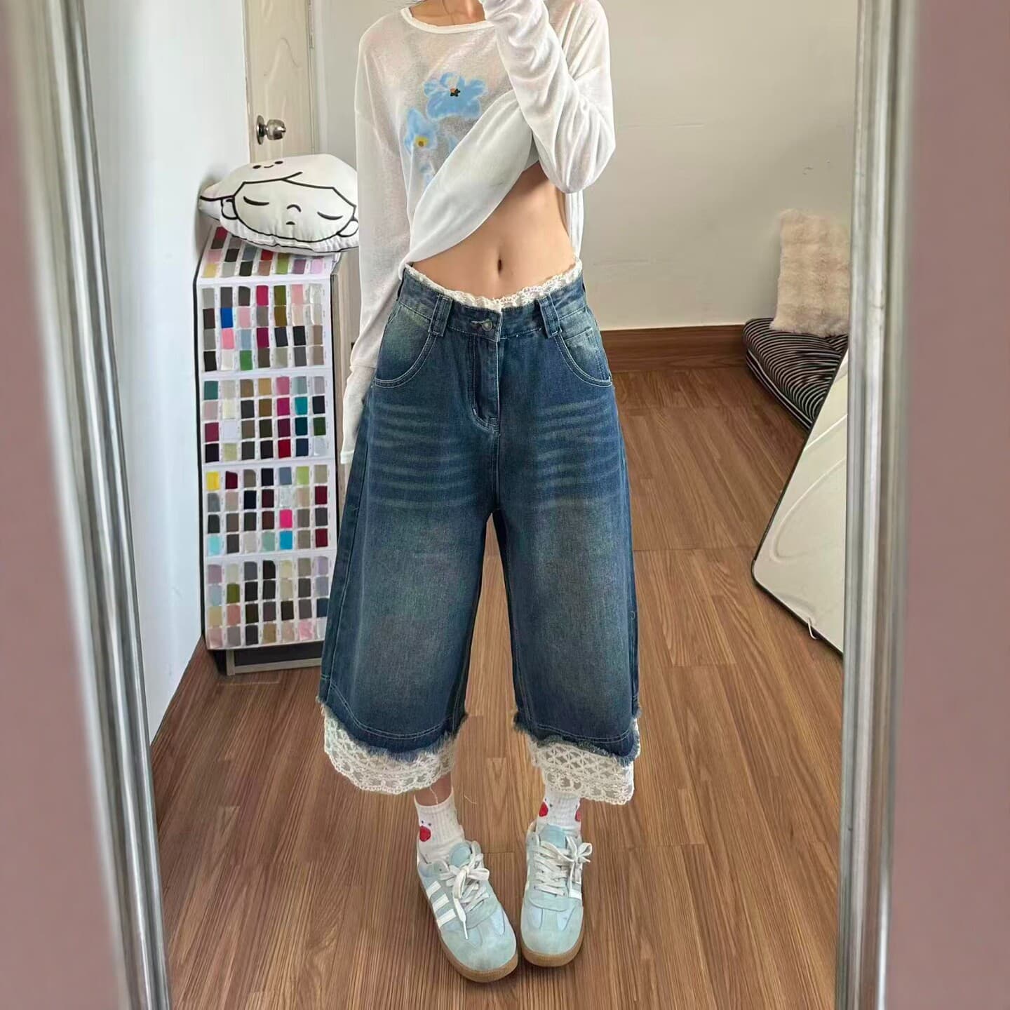 아메리칸 레트로 레이스 조각 7 점 청바지 여성 2026 여름 새로운 루즈핏 넓은 다리 6 점 바지 반바지 이미지 3