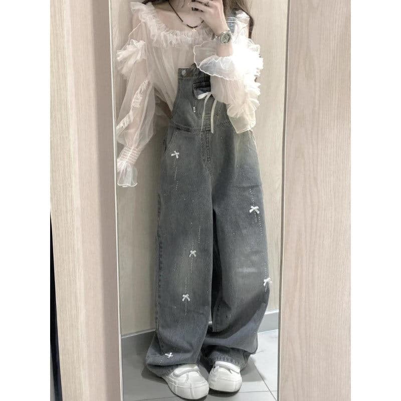 아메리칸 레트로 데님 멜빵 바지 여성 2026 새로운 봄 가을 루즈핏 나비 매듭 핫픽스 여름 연령 감소 스트레이트 팬츠 이미지 5