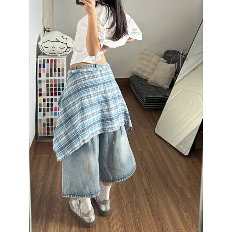 아메리칸 레트로 체크무늬 방귀 커튼 7 점 청바지 여성 여름 8 점 바지 하이웨이스트 넓은 다리 스트레이트 벽오동 반바지 이미지 3