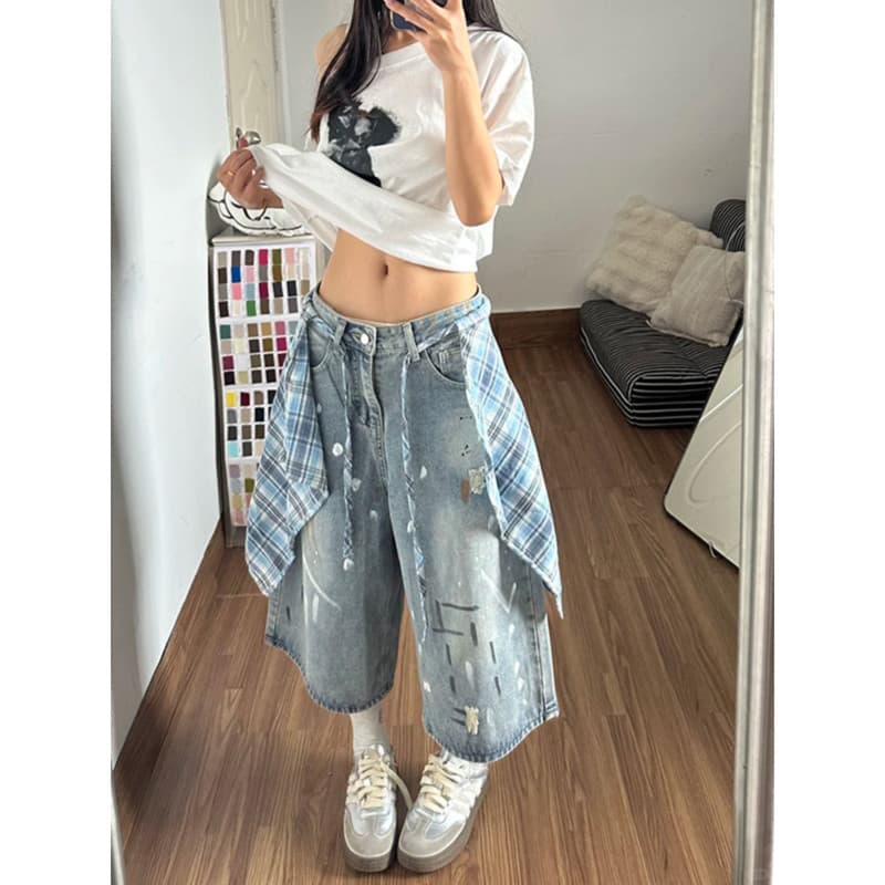 아메리칸 레트로 체크무늬 방귀 커튼 7 점 청바지 여성 여름 8 점 바지 하이웨이스트 넓은 다리 스트레이트 벽오동 반바지 상세 이미지 2