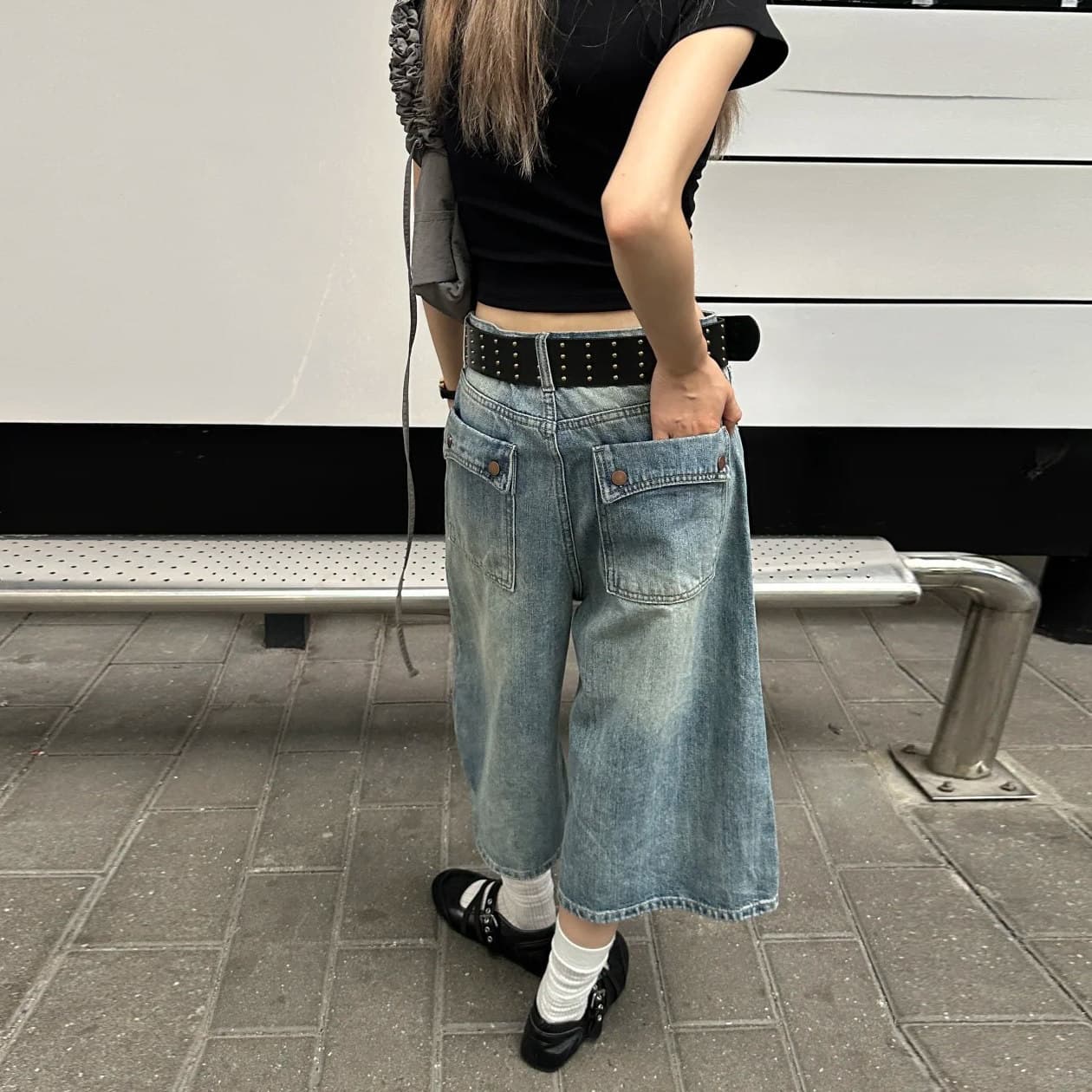 아메리칸 레트로 주름 7 점 청바지 여성 여름 2026 새로운 루즈핏 넓은 다리 무릎 아래 7 분 바지 반바지 상세 이미지 2