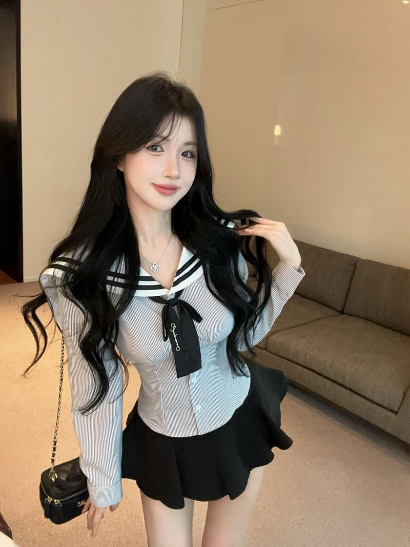 실사 정가 학원 스타일 핫걸 스트라이프 선원 칼라 셔츠 순수한 욕망 검정색 jk 달콤한 매운맛 퍼프 치마바지 세트 상세 이미지 3