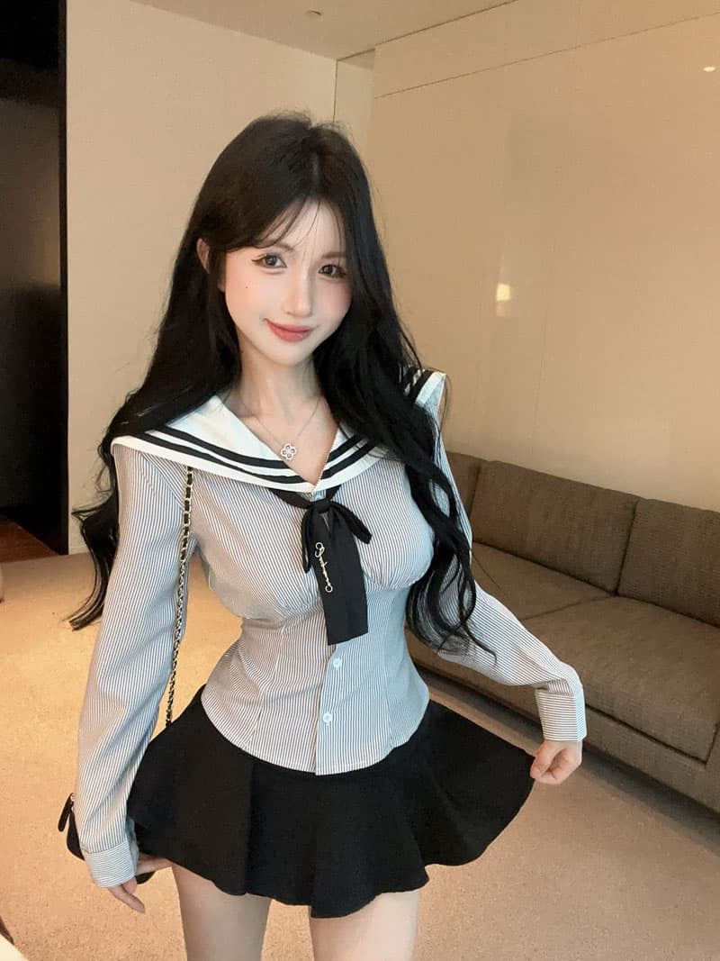 실사 정가 학원 스타일 핫걸 스트라이프 선원 칼라 셔츠 순수한 욕망 검정색 jk 달콤한 매운맛 퍼프 치마바지 세트 상세 이미지 6