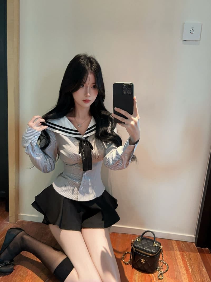 실사 정가 학원 스타일 핫걸 스트라이프 선원 칼라 셔츠 순수한 욕망 검정색 jk 달콤한 매운맛 퍼프 치마바지 세트 상세 이미지 9