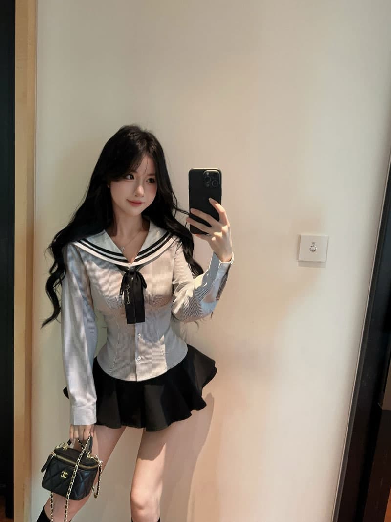 실사 정가 학원 스타일 핫걸 스트라이프 선원 칼라 셔츠 순수한 욕망 검정색 jk 달콤한 매운맛 퍼프 치마바지 세트 상세 이미지 10