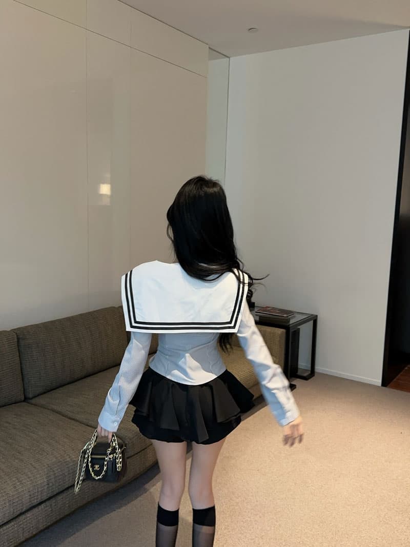 실사 정가 학원 스타일 핫걸 스트라이프 선원 칼라 셔츠 순수한 욕망 검정색 jk 달콤한 매운맛 퍼프 치마바지 세트 상세 이미지 12