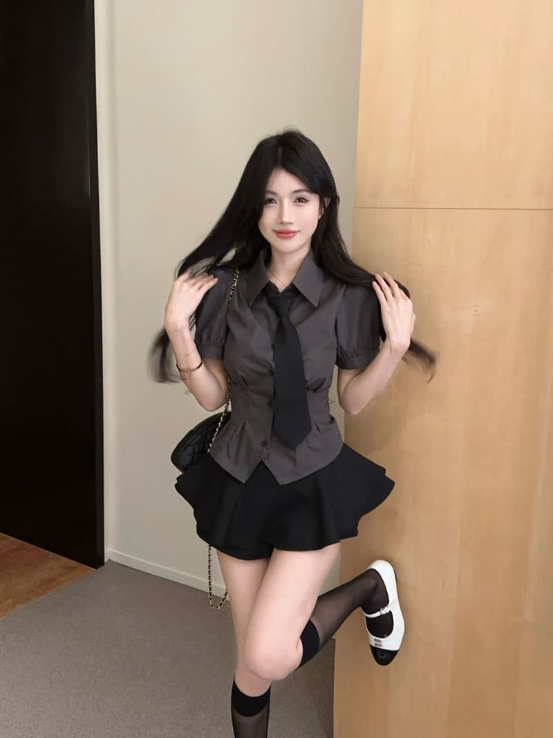 실사 정가 순수한 욕망 jk 유니폼 회색 반팔 셔츠 품격 허리 수축 셔츠 다용도 퍼프 미니 스커트 세트