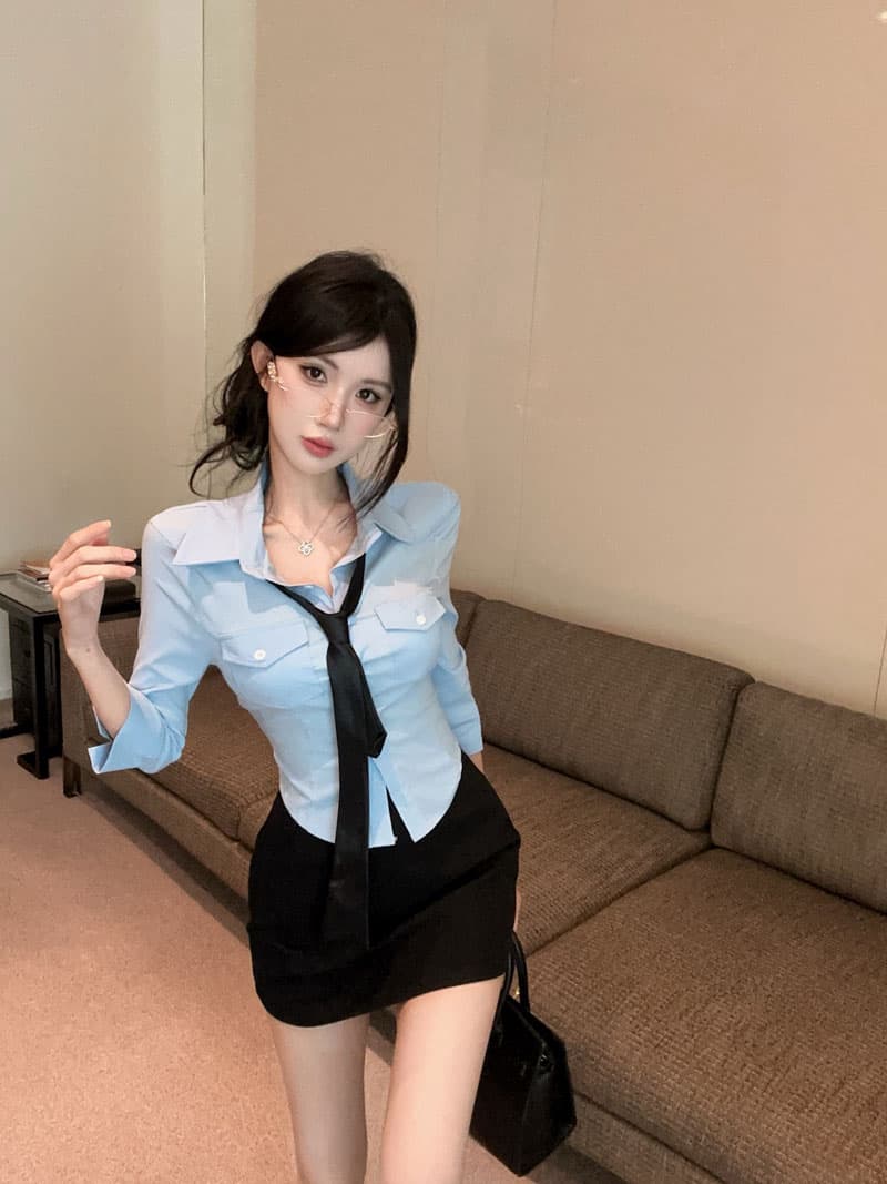 실사 정가 순수한 욕망 핫걸 주머니 디자인 센스 허리 수축 셔츠 하이웨이스트 타이트 스커트 한 마디 미니 스커트 jk 두 조각 여성 세트 상세 이미지 13