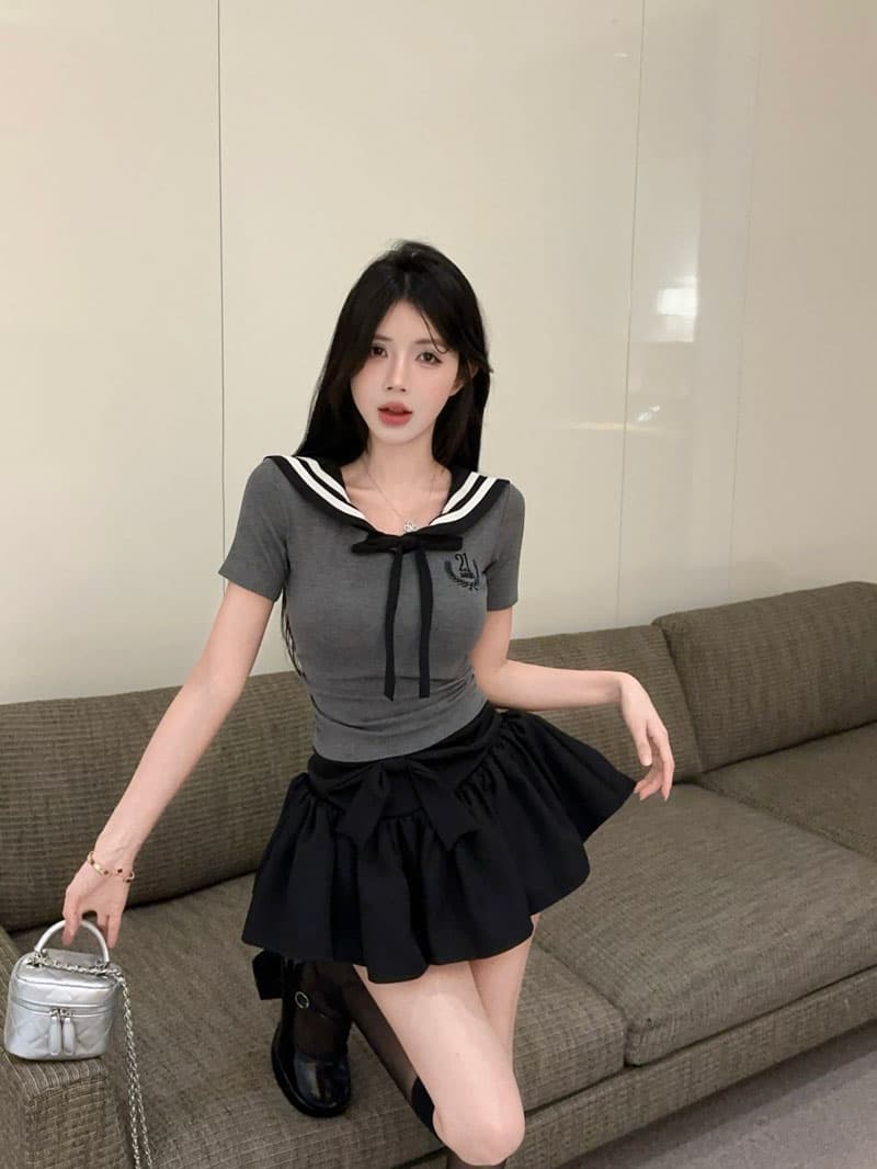 실사 정가 한국 스타일 학원 스타일 세트 해군 칼라 jk 맨위 몸매 가꾸기 연령 감소 티셔츠 나비 매듭 케이크 치마바지 상세 이미지 6