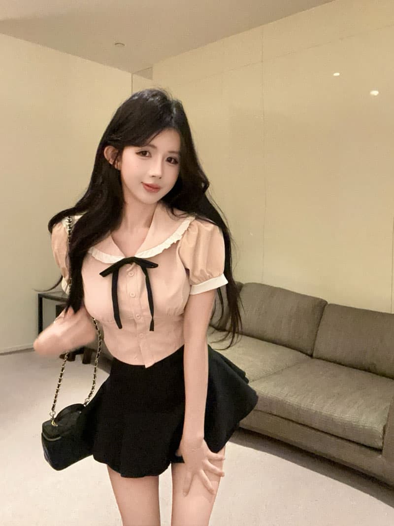 실사 정가 학원 스타일 세트 달콤함 해군 스타일 연령 감소 쇼트 스타일 셔츠 하이웨이스트 퍼프 치마바지 투피스 세트