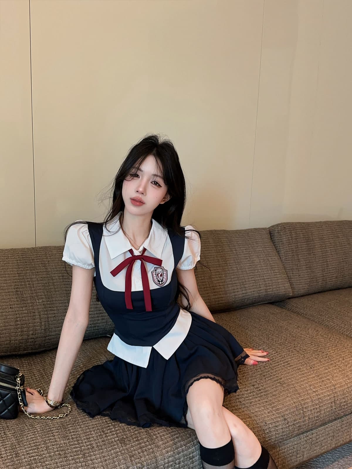 실사 정가 아메리칸 학원 스타일 세트 여성 jk 유니폼 페이크 레이어드 맨위 레이스 조각 미니 스커트 투피스 세트 상세 이미지 8